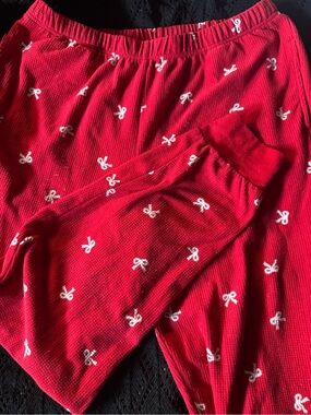 Red Straight Leg Women's Pants with White Bow Print